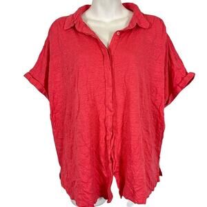 Chicos Womens Coral Pink 100% Linen Short Sleeve Knit Button Down Shirt Top XL 3